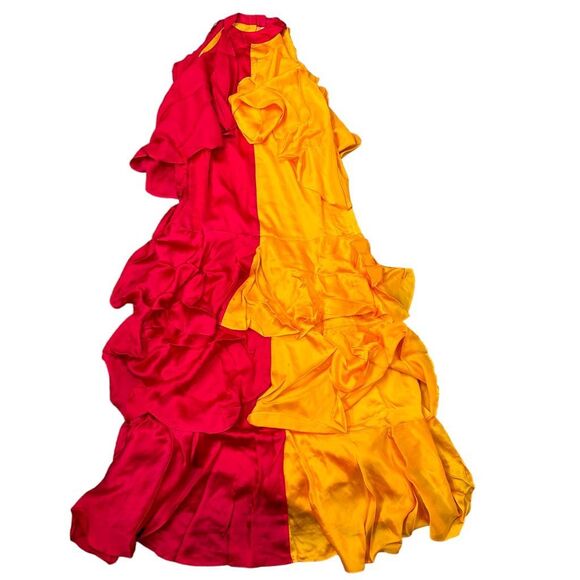 Anthropologie Pinnacle X Shruti Orange Pink Colorblock Ruffle Maxi Dress Medium - Picture 6 of 15